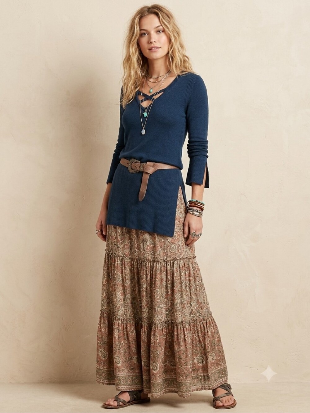 Free People Criss Cross Sweater Tunic Navy Blue Knit Linen Blend Size M Medium
